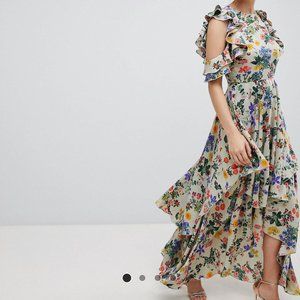 ASOS DESIGN Floral Print Satin Ruffle Sleeve Maxi Dress With Dipped Hem